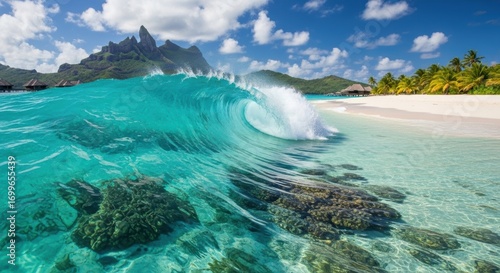 Perfect turquoise wave curls towards a pristine white sand beach at a luxury Bora Bora resort with the iconic Mount Otemanu in the background