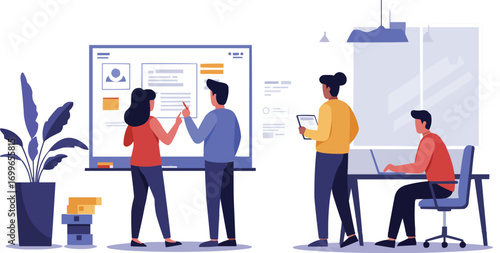 Diverse Office Team Collaborating Around Digital Whiteboard
