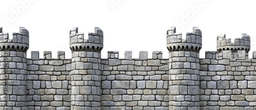 Medieval stone castle wall with towers gray white texture seamless background