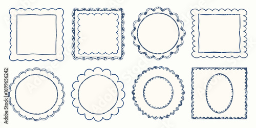 Collection of eight hand drawn decorative frames and borders with scalloped edges in various shapes and sizes