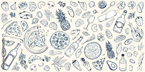 Whimsical hand drawn sketch collage of food and drink elements including pizza fruits vegetables and seafood