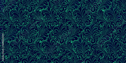 Elegant seamless dark blue and green organic floral pattern background