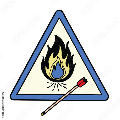 Warning symbol for flammable materials with a lit match ready to ignite, emphasizing fire hazard and safety precautions.