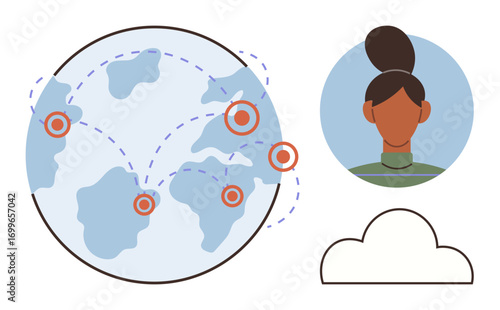 Globe with locations connected by dotted lines, person avatar and cloud icon. Ideal for teamwork, communication, global business, networking, cloud technology, remote work connectivity. Simple flat