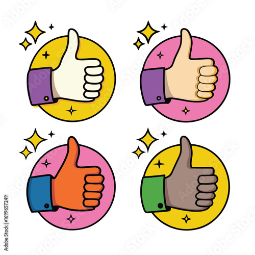 Four vibrant thumbs up icons symbolizing approval, success, and positive feedback, perfect for social media and marketing campaigns.