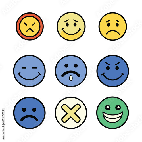 Diverse collection of expressive emoji faces conveying a spectrum of emotions from joy to anger and sadness, perfect for feedback.