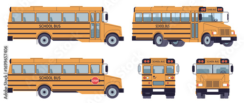 Yellow school bus. Vehicle for group students urban transportation, large passenger car, municipal property, automobile different views, auto for pupils cartoon flat isolated nowaday vector set