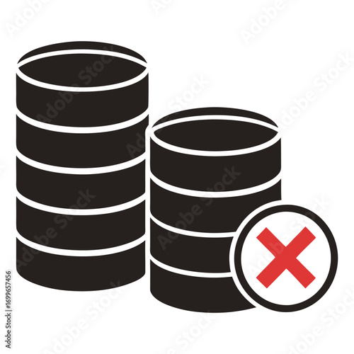 Database error alert icon with red cross symbol signifying data failure or system malfunction