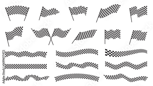 Racing flags and tapes. Chequered black and white signals, start, finish symbols, sport cars competition, waved crossed pennant, simple isolated borders for motorsport nowaday vector set