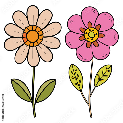 Charming retro style cartoon flowers with soft pastel petals and vibrant green leaves bring a touch of whimsical nature to any project.