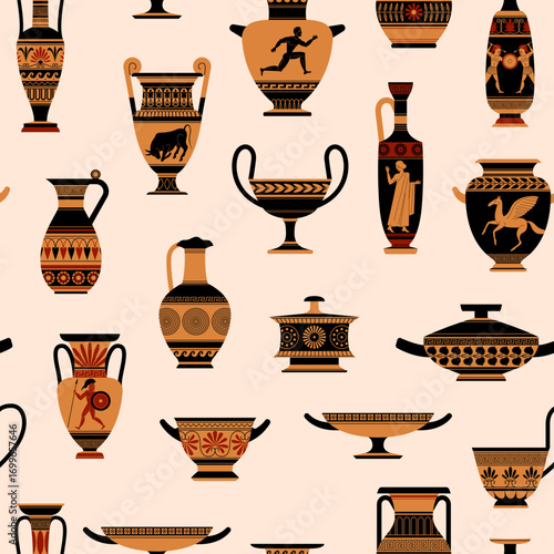 Greek vases seamless pattern. Traditional ancient amphorae, decorative ornaments, antique culture, museum ceramics. Textile, wrapping paper, wallpaper. Print for fabric tidy vector background