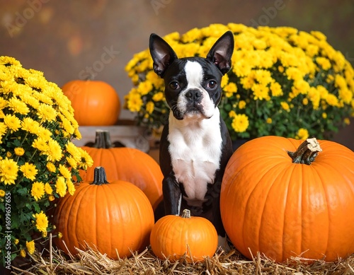 Festive autumn portrait: A Boston Terrier amidst pumpkins and fall mums