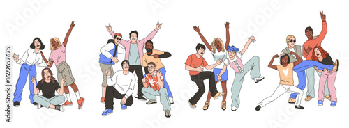 Friends posing together. Happy people groups in dynamic poses, funny young teams, smiling men and women, team positive emotions, togetherness vacations, tidy vector cartoon isolated set