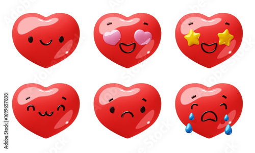 3d heart emoji faces. Cartoon funny red love symbols, different emotions and expressions, valentine day romantic signs, social media happy crying and surprised classy vector render glossy set