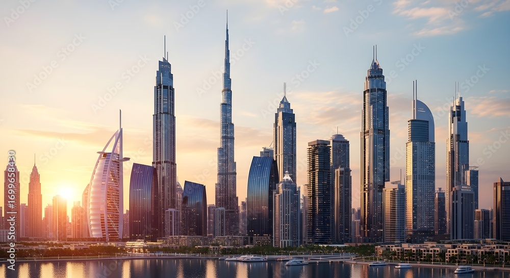 Fototapeta premium A breathtaking city skyline at sunrise showcases towering modern skyscrapers bathed in warm golden light, reflecting off the water. The urban landscape highlights architectural innovation and beauty.