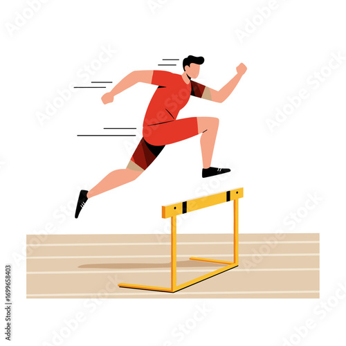 Cartoon athlete jumping over hurdle in race