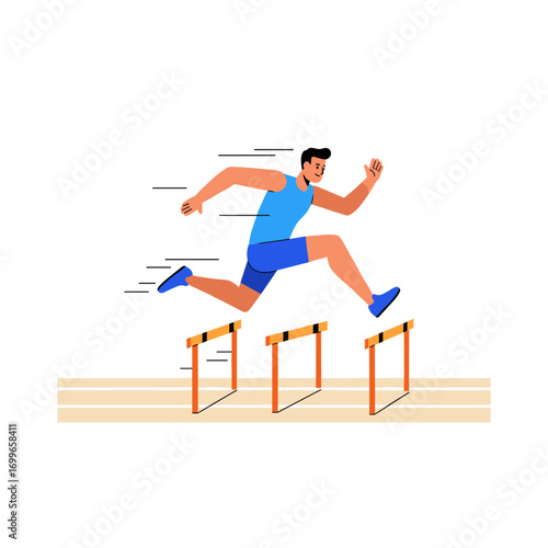 Athlete in blue uniform jumping hurdle
