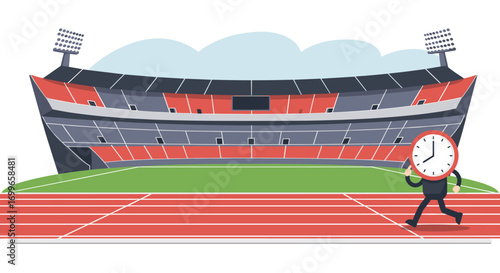 Cartoon stopwatch mascot on running track stadium