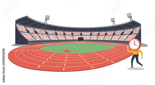 Stopwatch character standing on track in stadium