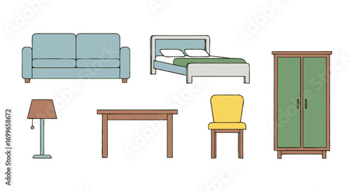 Colorful Furniture Set Sofa Bed Table Chair Lamp and Wardrobe Illustration.