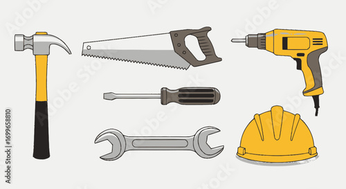 Construction Tools Set Hammer Saw Screwdriver Wrench Drill and Yellow Hard Hat.