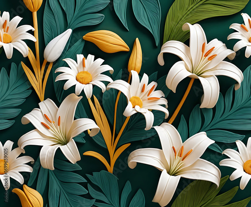Paper Art Lily Flowers Seamless Background