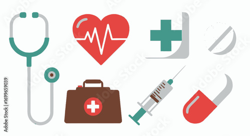 Medical Icons Set Stethoscope Heart First Aid Kit Syringe Pills.
