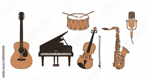 Musical Instruments Collection Guitar Piano Drum Violin Saxophone Microphone.