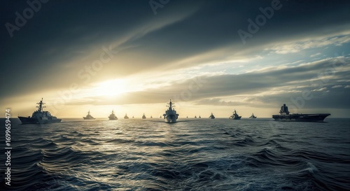 A powerful naval fleet, including an aircraft carrier and destroyers, on military patrol in the open ocean at sunset.