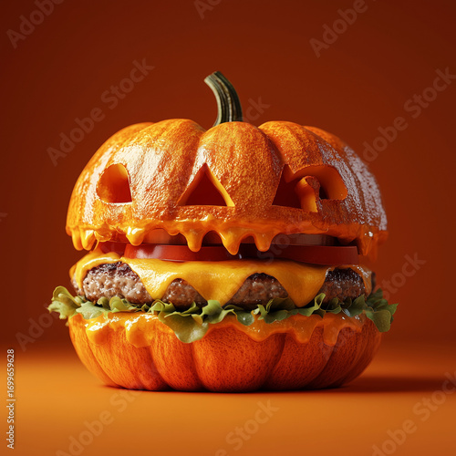 Halloween themed burger with spooky decoration, perfect for seasonal food design, creative menus, party posters, holiday advertising, fast food branding, and festive culinary projects.