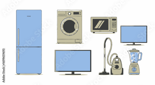 Collection of Home Appliances Refrigerator Washing Machine Microwave TVs Vacuum Blender.
