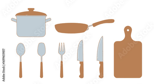 Kitchen Utensils Set Pot Pan Spoons Fork Knives and Cutting Board.