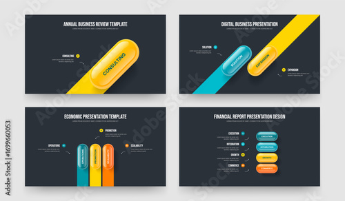 Consulting Innovation 1 2 3 4 Step Diagram Slide Template Collection. Modern Performance One Two Three Four Element Infographic Slideshow Design Vector Illustration Bundle.