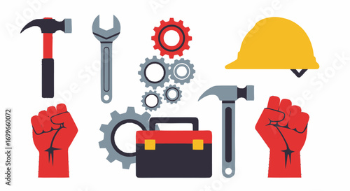 Labor Day Tools and Fists Hammers Wrench Gears Hardhat Toolbox Red Fists.