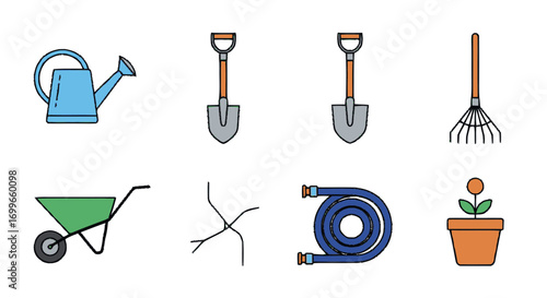 Garden Tools Collection Watering Can Shovels Rake Wheelbarrow Hose Plant.
