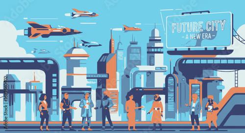 Futuristic Cityscape with Flying Vehicles and Diverse Group of People.