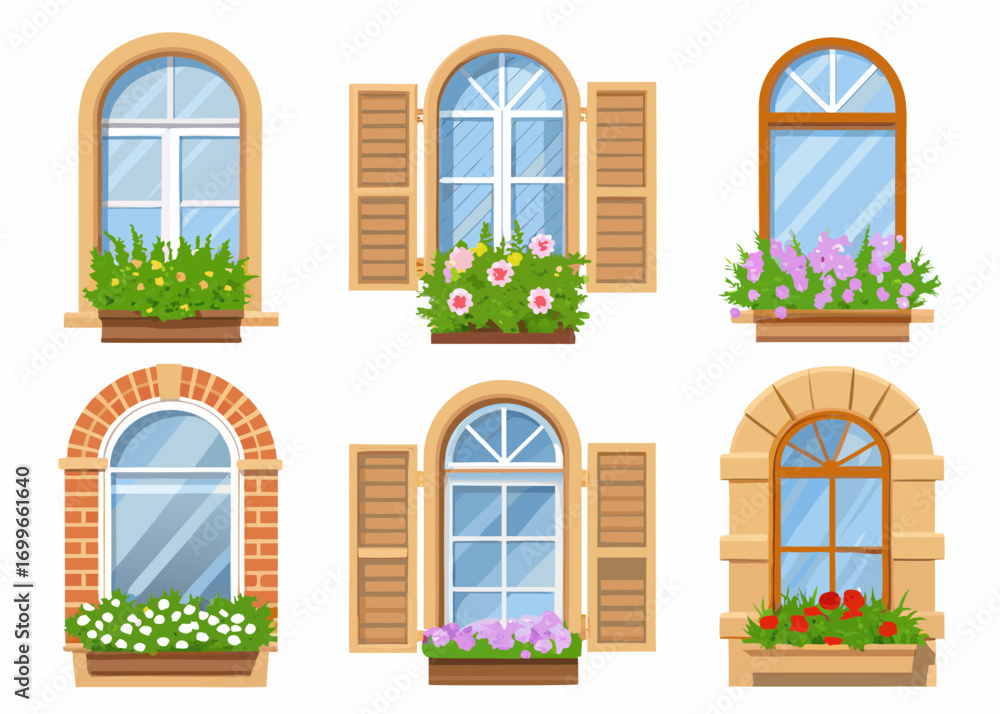 Tableau sur toile Collection of charming arched windows with flower boxes and shutters