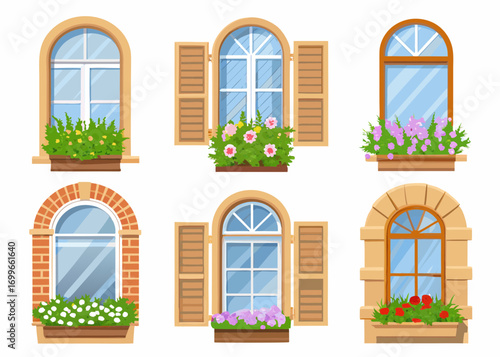 Collection of charming arched windows with flower boxes and shutters