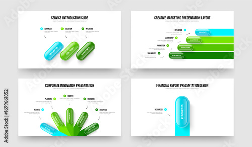 Advertising Insight Three Four Five One Option Diagram Slideshow Template Vector Illustration Bundle. Corporate Development 3 4 5 1 Element Infographic Slide Layout Set.