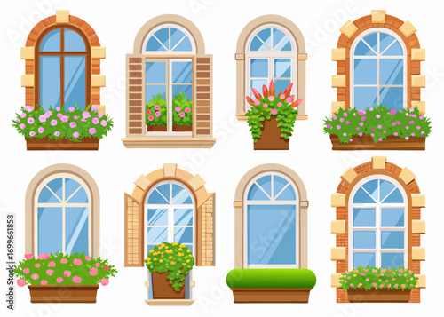 Collection of charming arched windows with flower boxes and shutters
