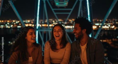 Three diverse friends sharing a joyful laugh on a Ferris wheel at night with city lights in the background