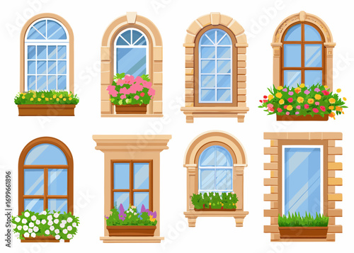 Collection of eight decorative windows with flower boxes and architectural details
