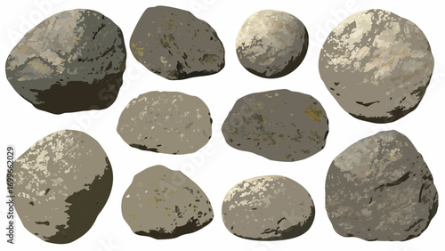 Collection of smooth rounded river stones in various sizes and shades of gray
