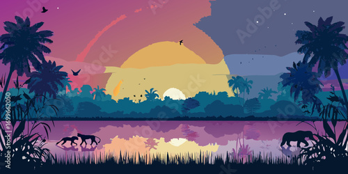 Vibrant jungle sunset with silhouettes of animals and palm trees reflected in water