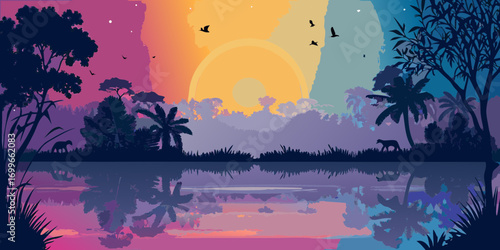 Vibrant sunset over a tropical jungle river with wildlife