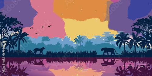 Silhouette of a tiger and a dog walking by a lake at sunset with colorful sky and reflections