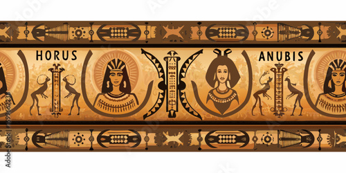 Ancient egyptian gods horus and anubis with hieroglyphic border
