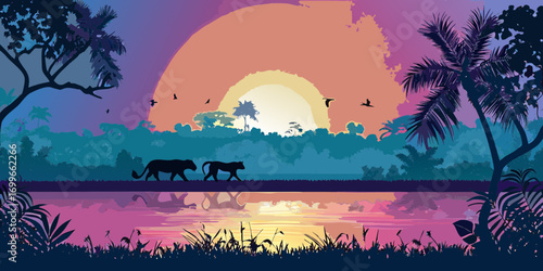 Silhouettes of two big cats walking by a lake at sunset with palm trees