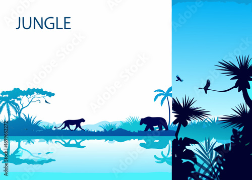 Silhouette of jungle animals and tropical plants by the water