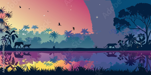 Silhouette of animals and tropical plants reflected in water at sunset